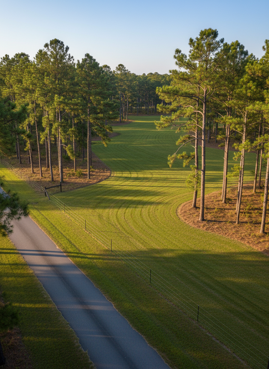 An expansive Florida forested property viewed from a slightly elevated, eye-level perspective, showcasing a well-maintained mix of pine stands, open grassed areas, and a smooth, freshly mowed access road cutting through the landscape. The grass shows clean, parallel mower lines with subtle texture in the blades, and the pine trunks display warm brown bark against deep green needles. Soft late-afternoon sunlight creates a gentle golden glow, casting long, defined shadows from trees and fencing, while the sky remains a clear, soft blue. The composition follows the rule of thirds, with the road leading the eye into the distance, conveying a sense of order, care, and professional land stewardship. Photographic realism, clean, modern, and professional aesthetic appropriate for a land management company hero image.