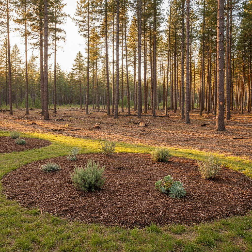 A meticulously cleared defensible space around a rural woodland structure site, focusing exclusively on the landscape. The foreground shows a wide ring of neatly mulched organic material and short, evenly cut grasses, with small, well-spaced native shrubs and fire-resistant plantings. Beyond this zone, a thinned pine forest stands with pruned lower branches and selectively removed underbrush, leaving scattered, chipped debris forming a tidy ground layer. Warm, late-afternoon golden hour light filters through the trees, casting soft, elongated shadows and creating a sense of calm safety. Shot at eye level with a wide field of view and sharp focus, the composition emphasizes the clear buffer zone around the forest edge. Photographic realism with a clean, organized, and reassuring atmosphere, perfectly suited to illustrate professional wildfire mitigation services.