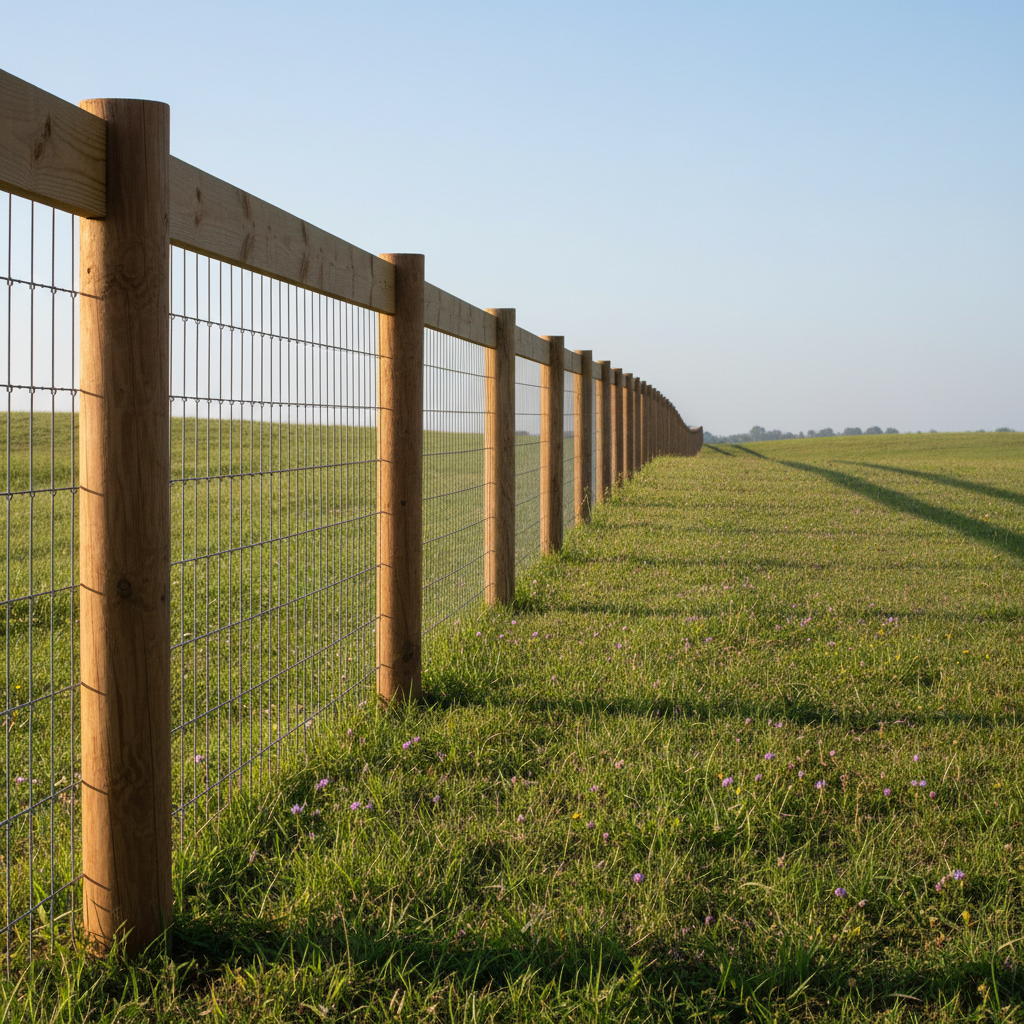 A straight, professionally installed agricultural fence line stretching across a gently rolling Florida pasture, captured from a low, side-on angle so the posts recede into the distance. The fence features sturdy, pressure-treated wooden posts with visible grain texture and perfectly tensioned, galvanized wire mesh glinting subtly in the sunlight. The pasture grass is healthy, short, and evenly cut, with occasional native wildflowers adding natural color. Soft morning light from the left creates delicate highlights on the metal and wood surfaces, while casting gentle, directional shadows across the grass. The sky is clear, with a faint haze on the horizon lending depth. Composition follows the rule of thirds, using the fence as a leading line to draw the viewer’s eye. Photographic realism with a professional, orderly, and dependable mood, ideal for showcasing fencing installation quality.