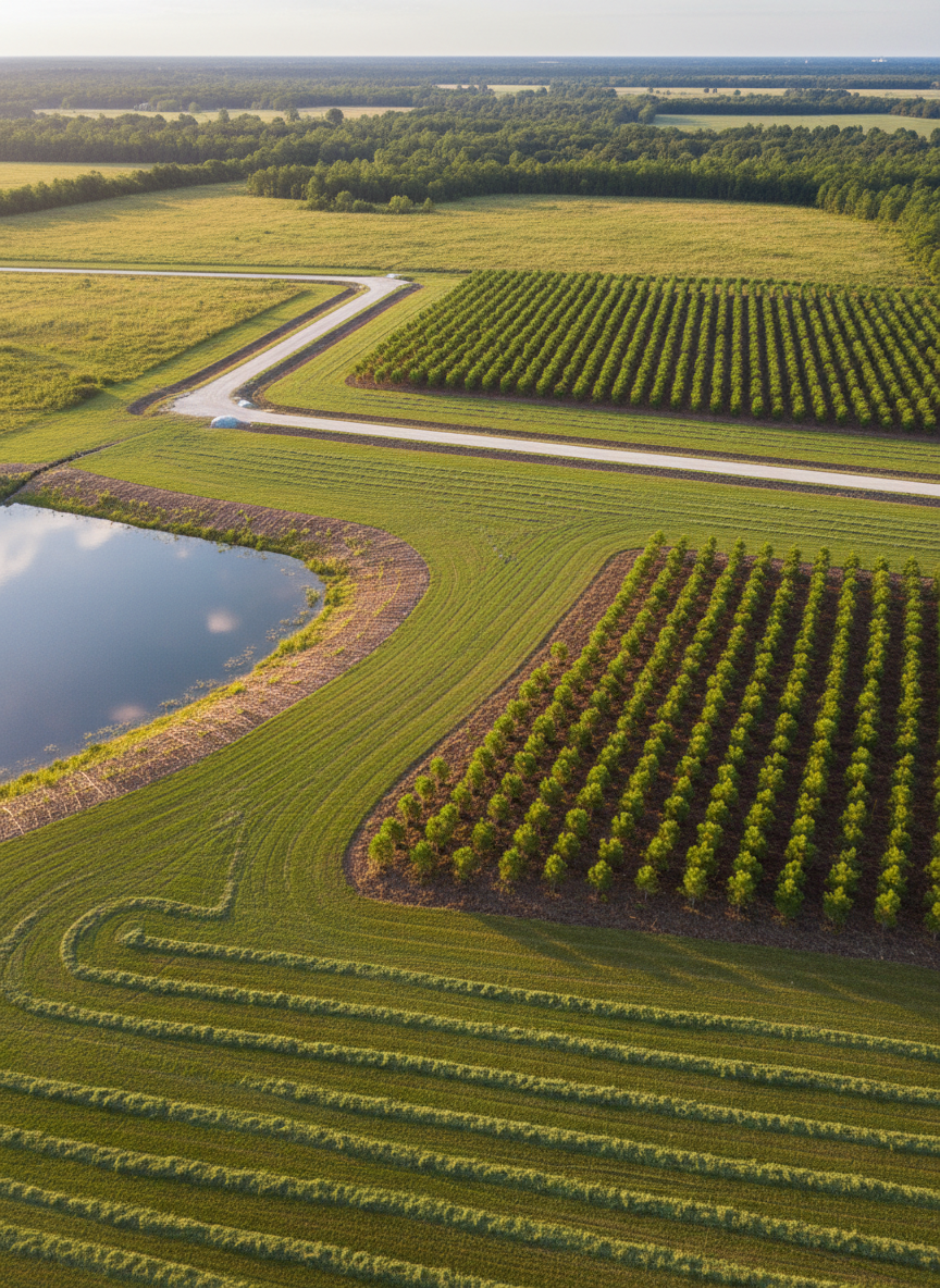 A large, mixed-use rural property in Florida captured from a high, slightly oblique aerial perspective, showcasing a customized land management plan in action. Distinct zones are visible: a neatly mowed pasture with defined edges, a young pine stand with orderly rows, a stabilized pond shoreline with erosion control matting, and a graded access road with clean drainage swales. Textures shift from smooth, striped grass to rough, mulched understory and rippled pond water reflecting the sky. Late-afternoon sunshine casts soft, directional light, enhancing depth and revealing subtle topography. The composition emphasizes the patchwork of managed areas, creating a cohesive, organized, and strategic landscape. Photographic realism with high clarity and natural color, conveying comprehensive, customized property solutions by a professional land management company.