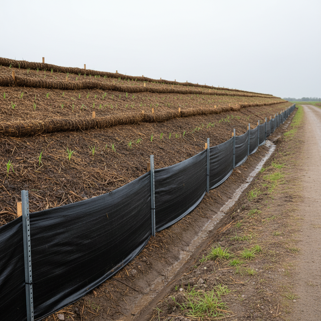 A close, eye-level view of a sloped, freshly stabilized embankment beside a rural dirt access road, carefully lined with dark, straw-filled erosion control wattles and taut silt fencing. The soil appears rich and slightly damp, covered in a uniform layer of straw mulch with early green grass shoots emerging. In the midground, a small drainage channel is neatly shaped, directing water away from the slope. Overcast, diffused daylight softens shadows, making textures in the soil, straw, and fabric clearly visible. The composition emphasizes clean lines and gentle curves of the erosion controls, creating a calm, orderly, and highly professional mood. Photographic realism with sharp focus throughout, ideal for demonstrating erosion control expertise in a practical, real-world setting.