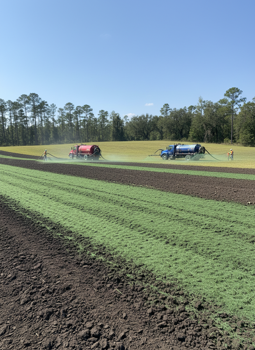 A large, open field in Florida undergoing professional hydroseeding, captured from a slightly elevated angle. The foreground showcases rich, dark soil with a freshly applied, evenly textured green hydroseed slurry, its fibrous, moist surface glistening slightly. The midground reveals a gentle slope transitioning into an existing grassy area, with a tree line of mixed pines and hardwoods in the distance. Bright, clear midday sunlight highlights the contrast between bare soil, green hydroseed, and established vegetation, creating crisp, defined edges. The sky is a clean, pale blue with minimal clouds, emphasizing clarity and precision. Composition uses leading lines from the hydroseeded bands of color to draw the eye across the landscape. Photographic realism, clean and professional, conveying effective land restoration and seeding services.