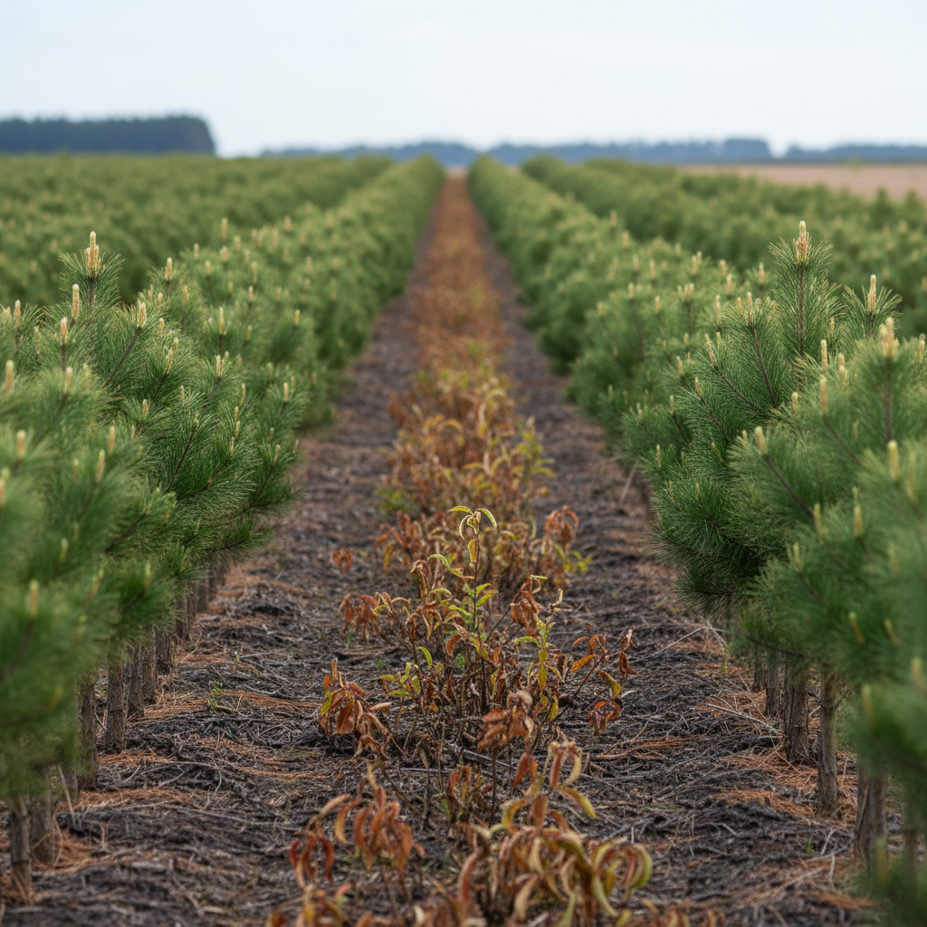 A close-up, eye-level scene of a pine plantation undergoing precise herbicide vegetation control, focusing entirely on the plants. In the foreground, lightly browned, drying invasive weeds and brush contrast with healthy, vibrant green young pines in clean, mulched rows. The herbicide-affected plants show realistic detail in curling leaves and subtle discoloration, while the pines display fresh growth and straight trunks. The soil between rows is mostly bare with minimal regrowth, indicating targeted application. Soft, diffused late-morning light under a thin overcast reveals fine textures in needles, bark, and leaves without harsh shadows. The composition uses shallow depth of field, keeping the central rows crisp while gently blurring the background rows. Photographic realism with a clean, controlled, and highly professional atmosphere, illustrating responsible herbicide application and vegetation management.